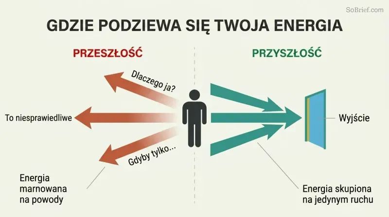 Split panel showing a central figure directing energy either backward into a dissipating void of excuses or forward through a narrow exit representing the way out.