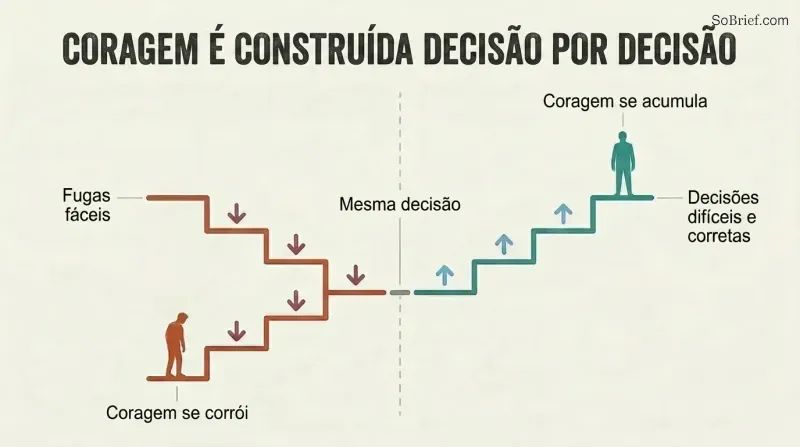 Split panel comparing a descending staircase of easy cop-outs eroding courage against an ascending staircase of hard correct calls building courage over time.