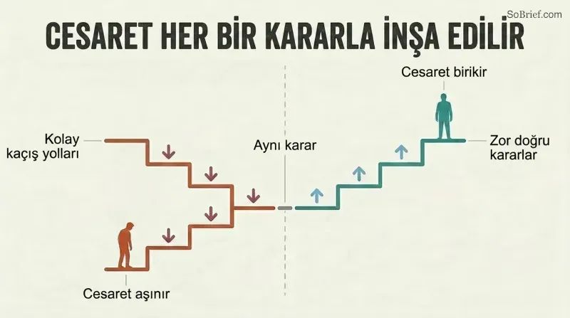 Split panel comparing a descending staircase of easy cop-outs eroding courage against an ascending staircase of hard correct calls building courage over time.