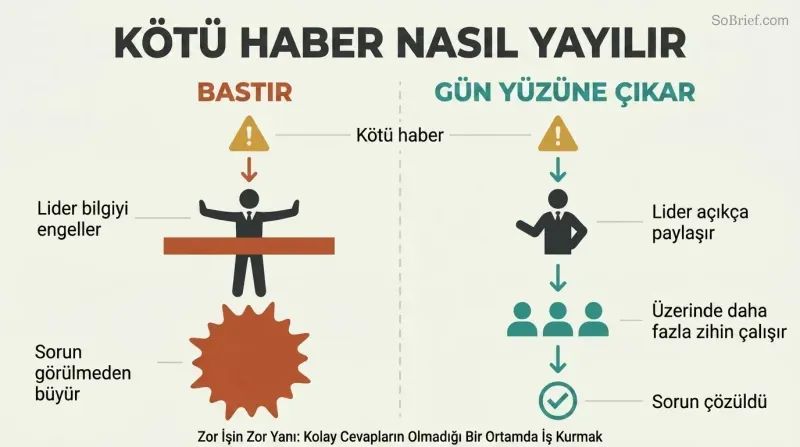 Split panel comparing two cultures: one where a leader blocks bad news causing problems to grow, and one where bad news flows freely to a team that shrinks the problem.