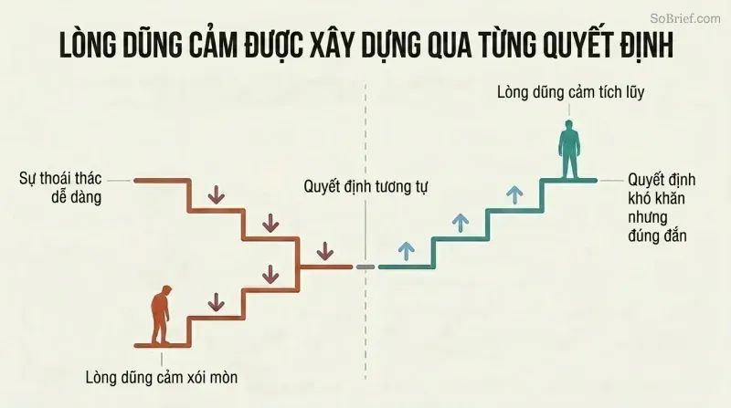 Split panel comparing a descending staircase of easy cop-outs eroding courage against an ascending staircase of hard correct calls building courage over time.