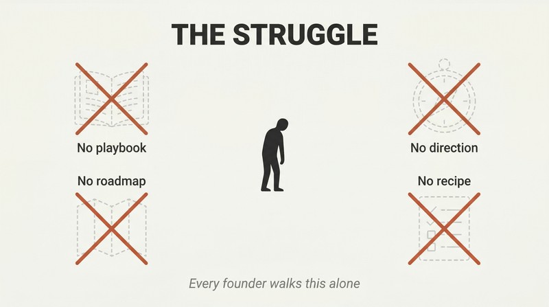 Lone silhouette figure standing at center surrounded by crossed-out ghostly outlines of a playbook, compass, and map, representing the absence of guidance in the hardest CEO moments.