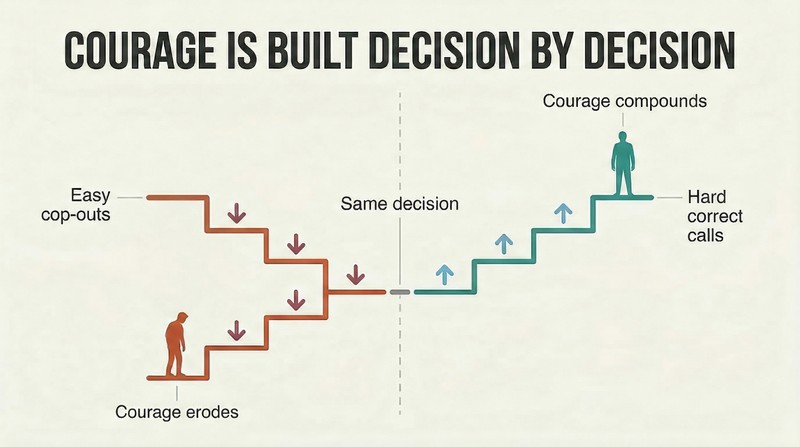 Split panel comparing a descending staircase of easy cop-outs eroding courage against an ascending staircase of hard correct calls building courage over time.