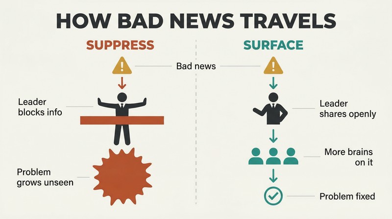 Split panel comparing two cultures: one where a leader blocks bad news causing problems to grow, and one where bad news flows freely to a team that shrinks the problem.
