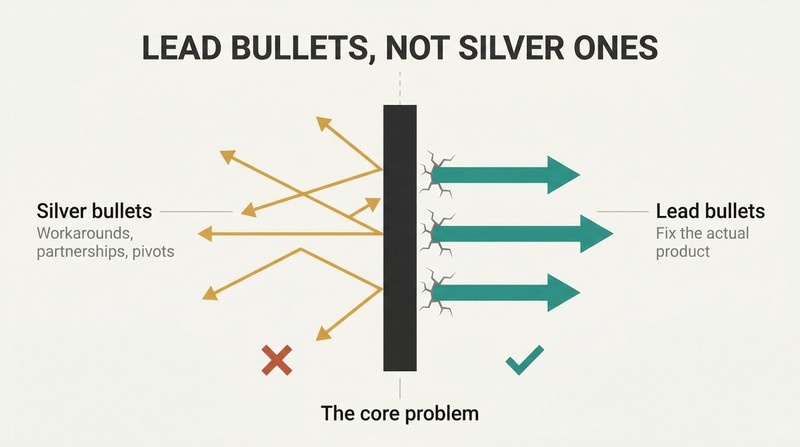 Split comparison showing silver bullets deflecting off a wall on the left versus lead bullets punching straight through the same wall on the right.