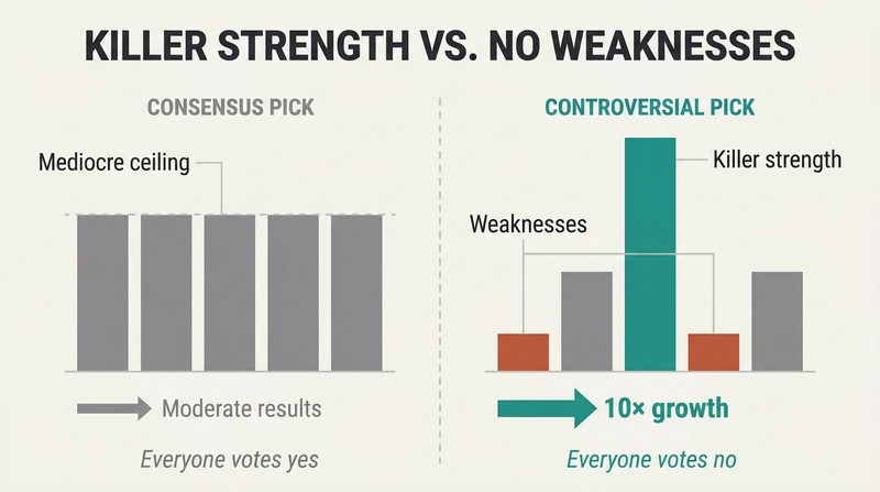 Split comparison of two skill-bar profiles where flat moderate bars lead to mediocrity and one towering spike among low bars leads to transformational results.