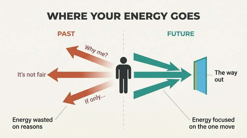 Split panel showing a central figure directing energy either backward into a dissipating void of excuses or forward through a narrow exit representing the way out.