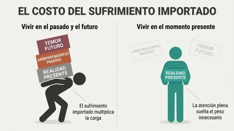 A side-by-side split diagram comparing an overloaded figure crushed by past and future worries to a mindful figure carrying only a light, single present-moment task.