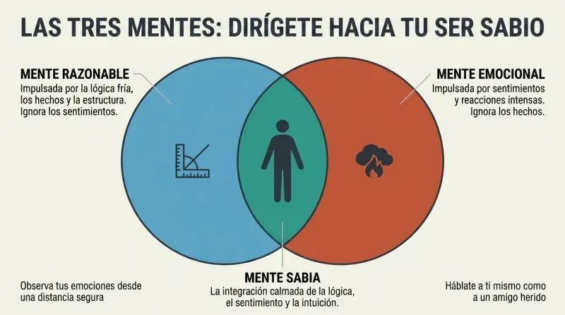 Venn diagram illustrating how Reasonable Mind and Emotion Mind overlap to form the Wise Mind, with a calm human silhouette in the balanced center.
