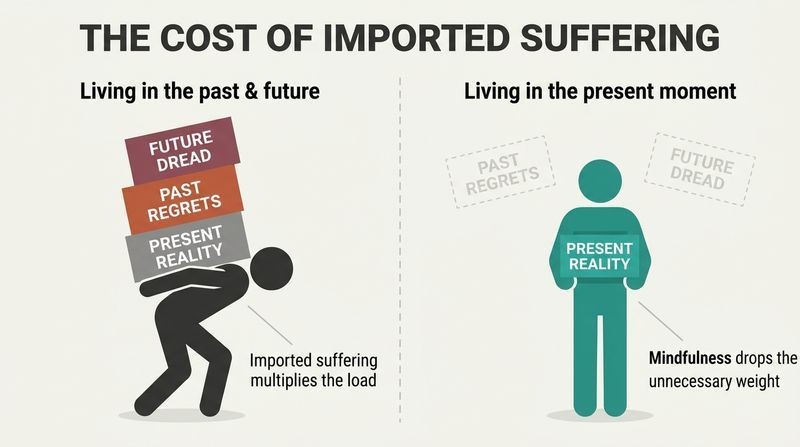 A side-by-side split diagram comparing an overloaded figure crushed by past and future worries to a mindful figure carrying only a light, single present-moment task.