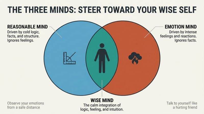 Venn diagram illustrating how Reasonable Mind and Emotion Mind overlap to form the Wise Mind, with a calm human silhouette in the balanced center.