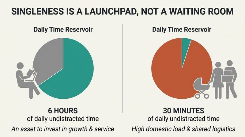 Split panel comparison showing the abundant discretionary time in singleness versus the highly structured responsibilities of marriage.