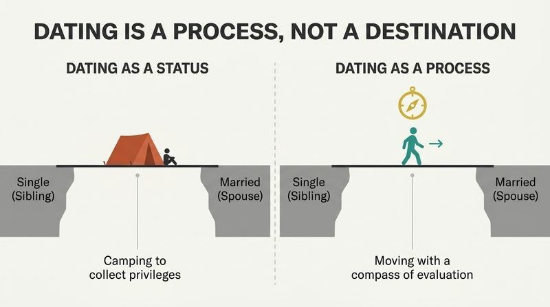 Split panel diagram comparing the stagnation of treating dating as a permanent campsite to the healthy process of using dating as a bridge to evaluate marriage.
