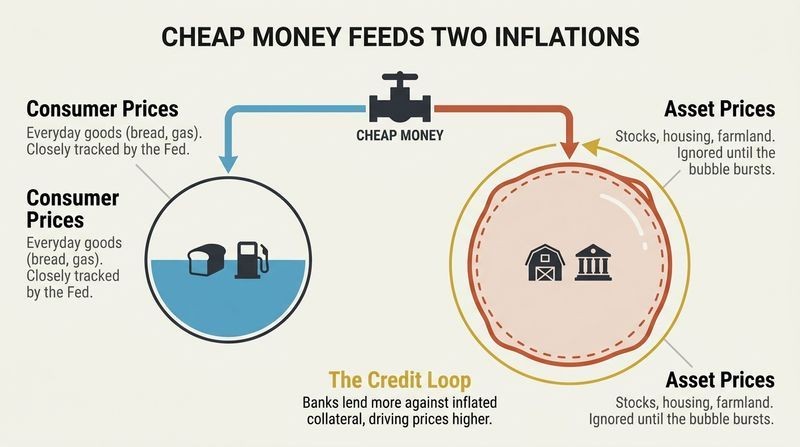 Split-panel diagram contrasting stable consumer price inflation with a self-reinforcing asset price bubble, both fueled by a central cheap money faucet.