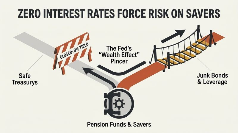 Diagram showing how zero-interest-rate policy blocks safe investment routes like Treasurys, forcing conservative pension funds into risky assets like junk bonds.