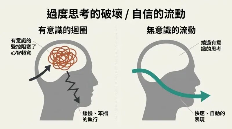 Split diagram showing how overthinking traps skills in a slow conscious loop, while confidence bypasses the conscious mind for automatic, flawless performance.