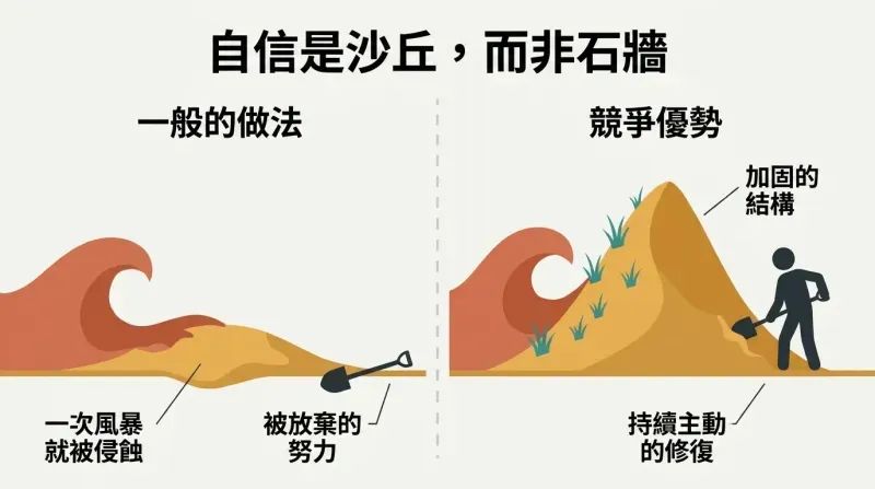 A side-by-side comparison showing how an unmaintained sand dune of confidence is washed flat by waves of setbacks, while a perpetually rebuilt sand dune stands strong, creating a competitive edge.