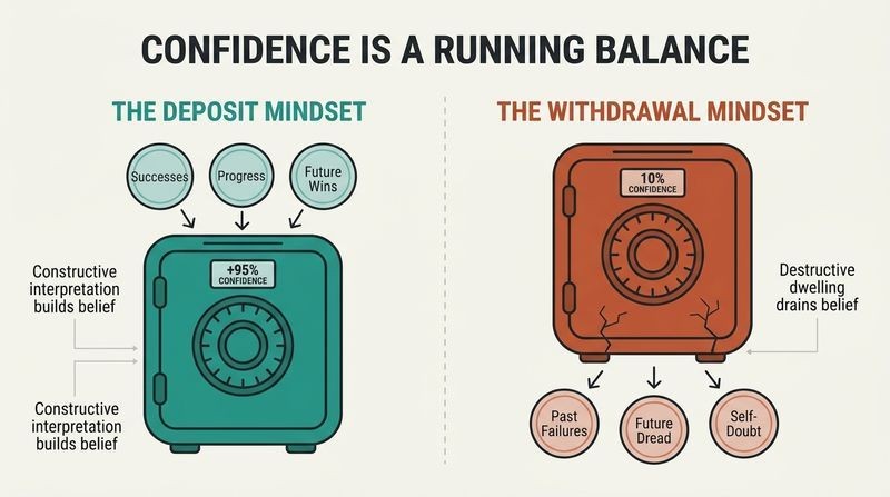 Split panel diagram illustrating confidence as a bank account, showing positive deposits building a high balance on the left, and negative withdrawals draining the balance on the right.