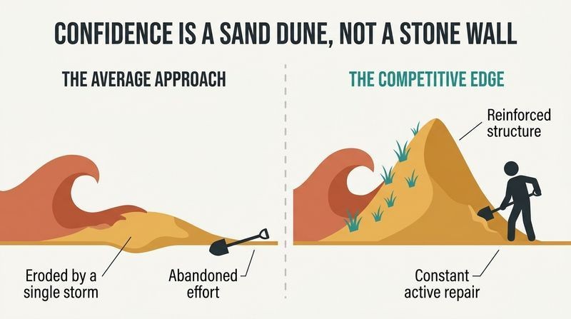 A side-by-side comparison showing how an unmaintained sand dune of confidence is washed flat by waves of setbacks, while a perpetually rebuilt sand dune stands strong, creating a competitive edge.