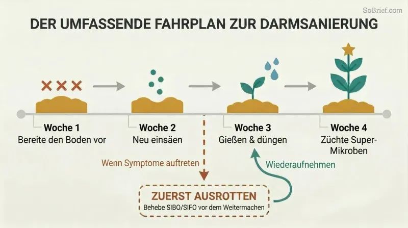 Four-step horizontal timeline showing gut restoration as garden stages—prepare, reseed, fertilize, grow—with a downward diversion arrow for symptom eradication before continuing.