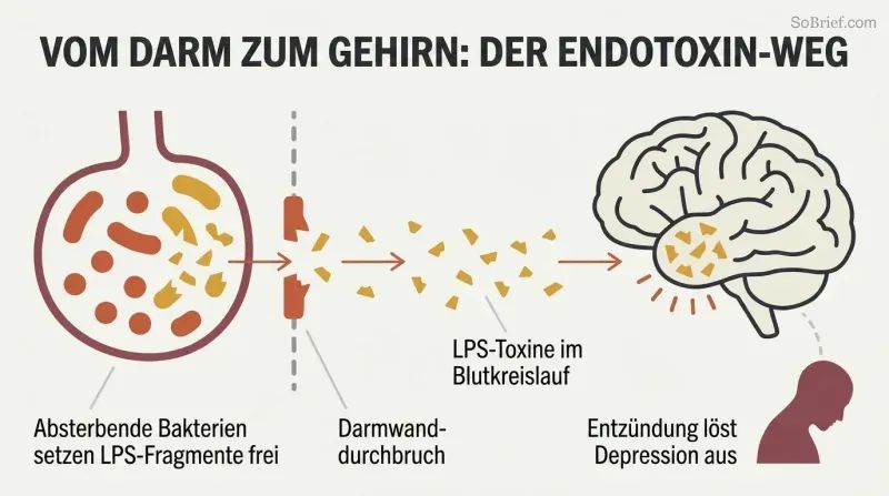Causal chain showing bacterial toxin fragments leaking through a breached gut wall into the bloodstream and reaching the brain, triggering depression.