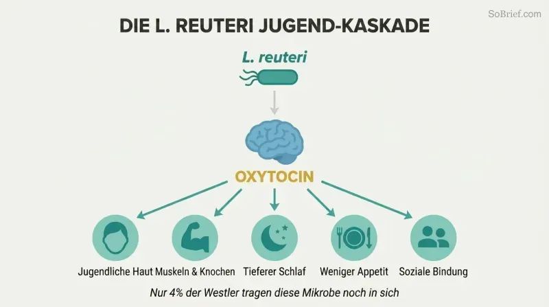 Cascade diagram showing L. reuteri bacterium triggering oxytocin release from the brain, which fans outward to five rejuvenation benefits including skin, muscle, sleep, appetite, and social connection.