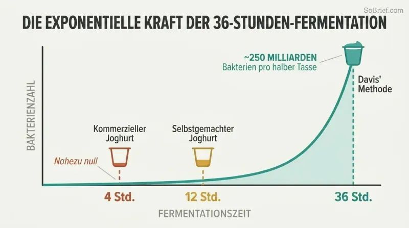 Exponential growth curve showing bacterial count exploding after 30 hours, with markers at 4, 12, and 36 hours revealing why longer fermentation yields a thousandfold more bacteria.