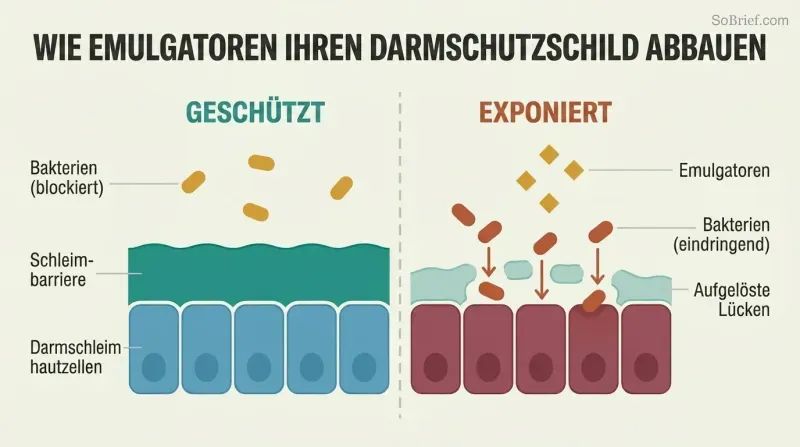 Split-panel cross-section comparing an intact mucus barrier protecting gut cells on the left with a dissolved, gap-riddled barrier letting bacteria reach cells on the right.