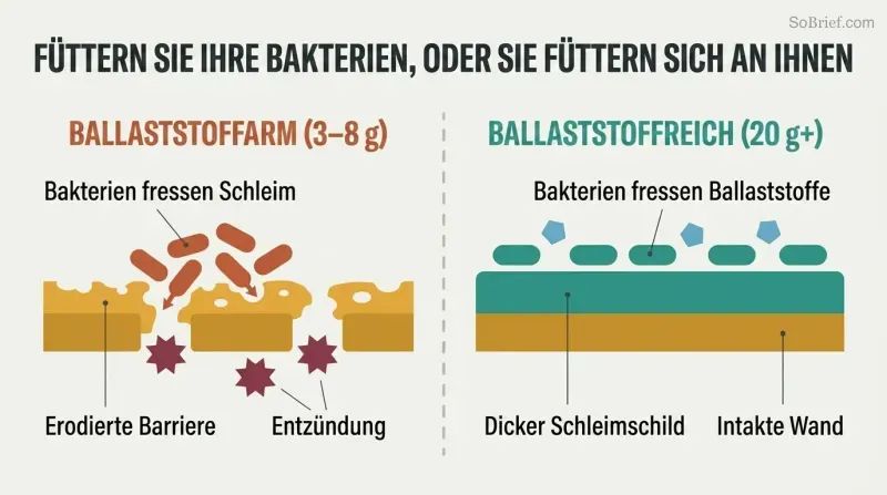 Split panel comparing a gut lining where starved bacteria erode the protective mucus layer versus one where prebiotic fiber keeps bacteria fed and the mucus barrier intact.