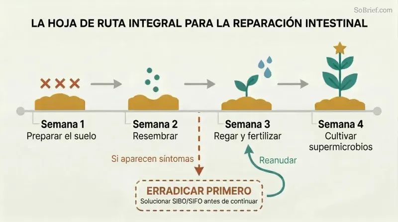 Four-step horizontal timeline showing gut restoration as garden stages—prepare, reseed, fertilize, grow—with a downward diversion arrow for symptom eradication before continuing.