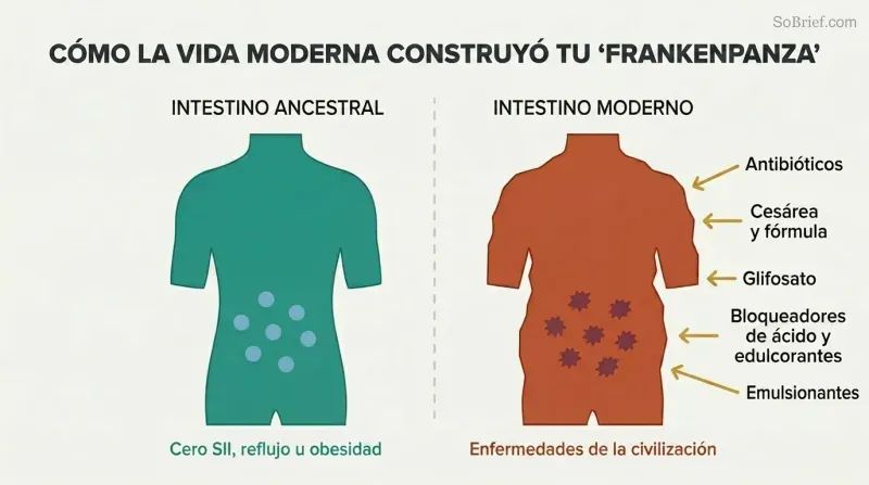 Split panel comparing a healthy ancestral gut on the left with a distorted modern gut on the right, five disruptor arrows converging on the damaged side.