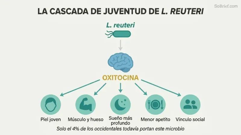 Cascade diagram showing L. reuteri bacterium triggering oxytocin release from the brain, which fans outward to five rejuvenation benefits including skin, muscle, sleep, appetite, and social connection.