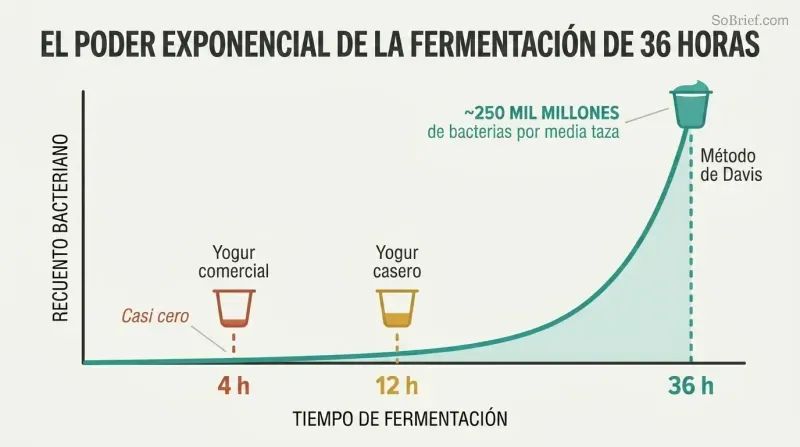 Exponential growth curve showing bacterial count exploding after 30 hours, with markers at 4, 12, and 36 hours revealing why longer fermentation yields a thousandfold more bacteria.