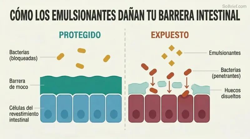 Split-panel cross-section comparing an intact mucus barrier protecting gut cells on the left with a dissolved, gap-riddled barrier letting bacteria reach cells on the right.
