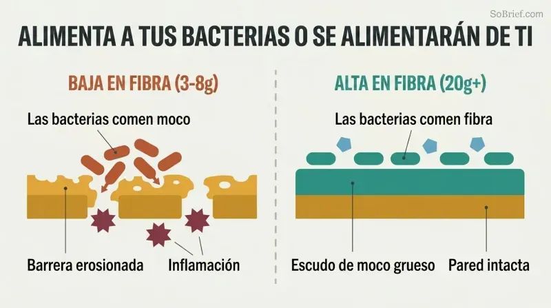 Split panel comparing a gut lining where starved bacteria erode the protective mucus layer versus one where prebiotic fiber keeps bacteria fed and the mucus barrier intact.