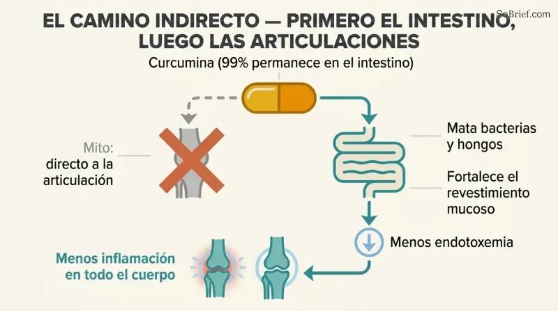 Fork diagram showing a crossed-out direct path from curcumin to knee, and an actual path flowing through the gut to reduce endotoxemia and then knee inflammation.