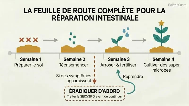 Four-step horizontal timeline showing gut restoration as garden stages—prepare, reseed, fertilize, grow—with a downward diversion arrow for symptom eradication before continuing.