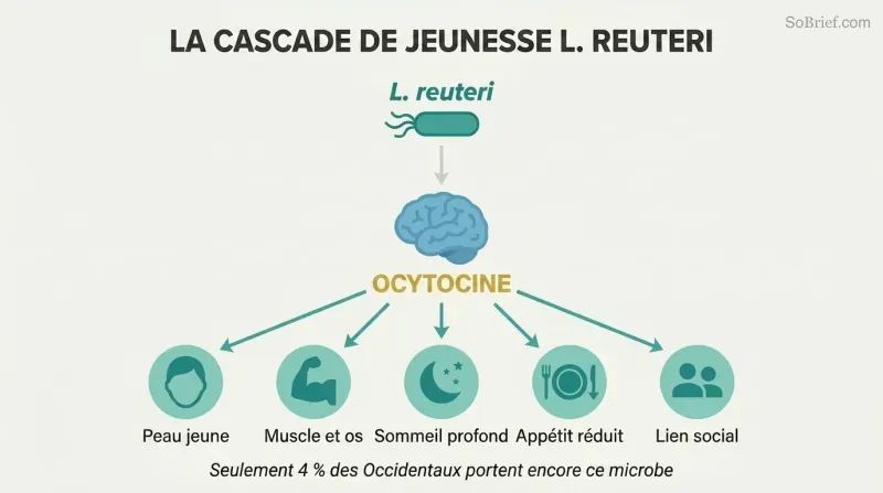 Cascade diagram showing L. reuteri bacterium triggering oxytocin release from the brain, which fans outward to five rejuvenation benefits including skin, muscle, sleep, appetite, and social connection.