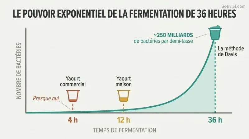 Exponential growth curve showing bacterial count exploding after 30 hours, with markers at 4, 12, and 36 hours revealing why longer fermentation yields a thousandfold more bacteria.