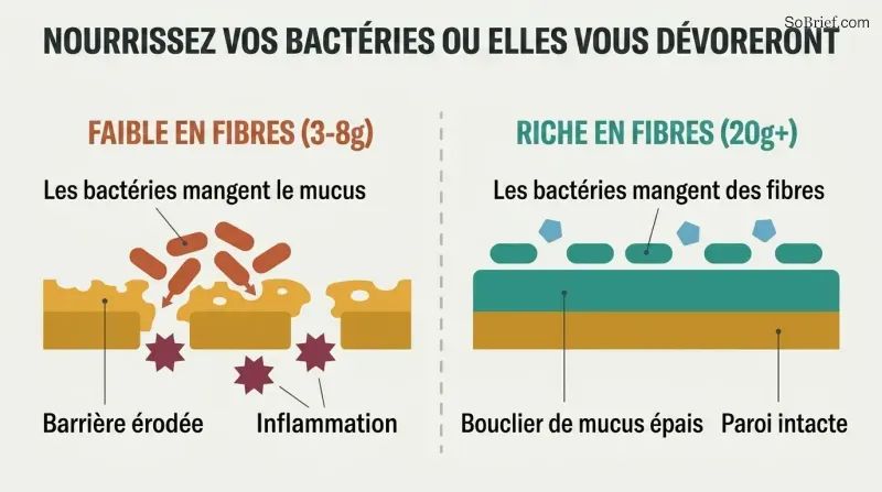 Split panel comparing a gut lining where starved bacteria erode the protective mucus layer versus one where prebiotic fiber keeps bacteria fed and the mucus barrier intact.