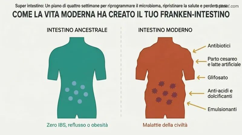 Split panel comparing a healthy ancestral gut on the left with a distorted modern gut on the right, five disruptor arrows converging on the damaged side.