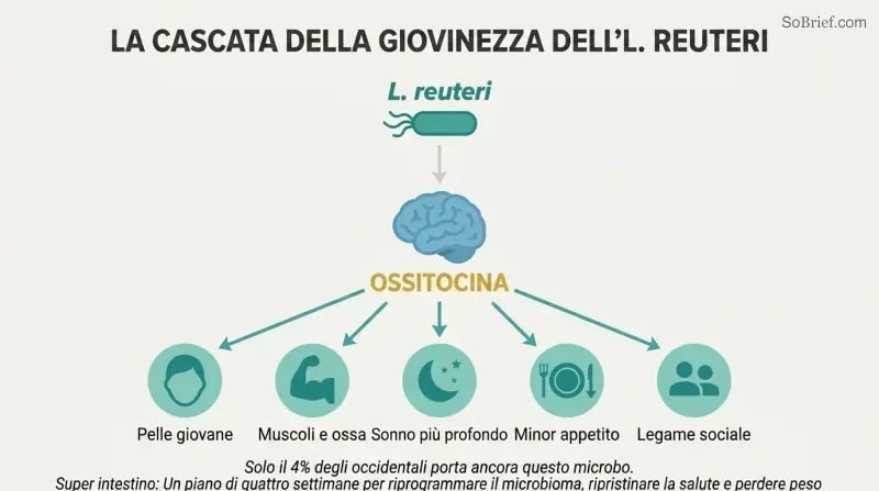 Cascade diagram showing L. reuteri bacterium triggering oxytocin release from the brain, which fans outward to five rejuvenation benefits including skin, muscle, sleep, appetite, and social connection.