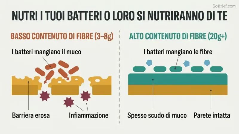 Split panel comparing a gut lining where starved bacteria erode the protective mucus layer versus one where prebiotic fiber keeps bacteria fed and the mucus barrier intact.