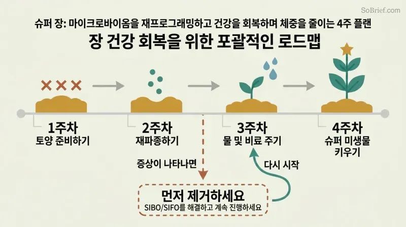 Four-step horizontal timeline showing gut restoration as garden stages—prepare, reseed, fertilize, grow—with a downward diversion arrow for symptom eradication before continuing.