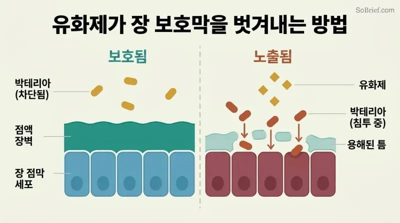 Split-panel cross-section comparing an intact mucus barrier protecting gut cells on the left with a dissolved, gap-riddled barrier letting bacteria reach cells on the right.