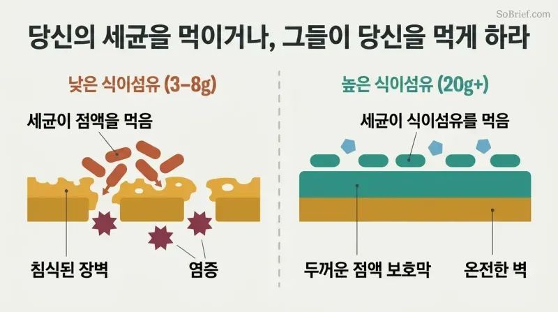 Split panel comparing a gut lining where starved bacteria erode the protective mucus layer versus one where prebiotic fiber keeps bacteria fed and the mucus barrier intact.