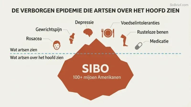 Iceberg diagram showing scattered symptoms visible above a waterline while a massive shape labeled SIBO dominates beneath, dwarfing the visible surface.
