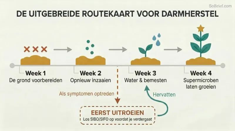 Four-step horizontal timeline showing gut restoration as garden stages—prepare, reseed, fertilize, grow—with a downward diversion arrow for symptom eradication before continuing.