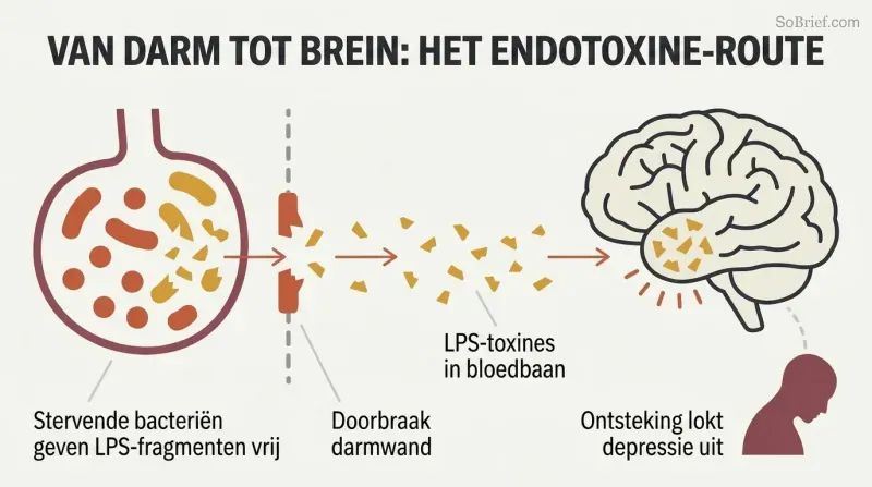 Causal chain showing bacterial toxin fragments leaking through a breached gut wall into the bloodstream and reaching the brain, triggering depression.