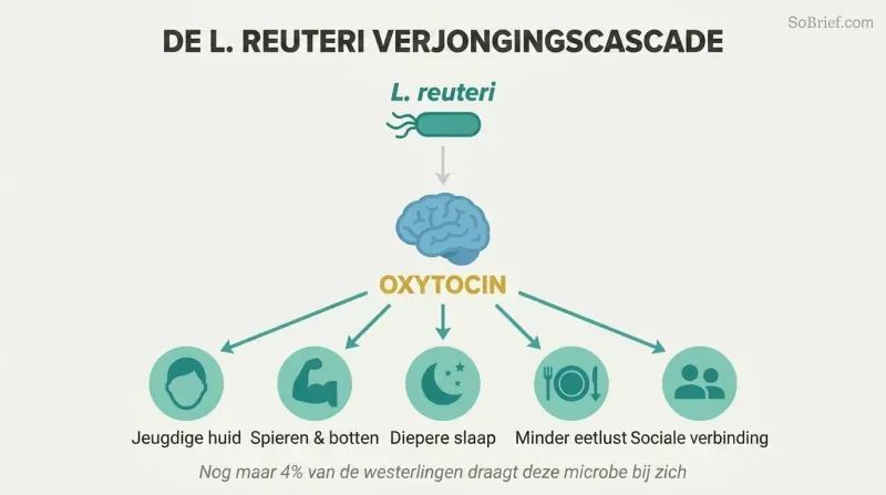 Cascade diagram showing L. reuteri bacterium triggering oxytocin release from the brain, which fans outward to five rejuvenation benefits including skin, muscle, sleep, appetite, and social connection.